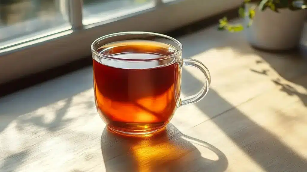 A clear glass mug filled with rich, amber-colored English breakfast tea, sitting on a wooden surface bathed in warm sunlight.