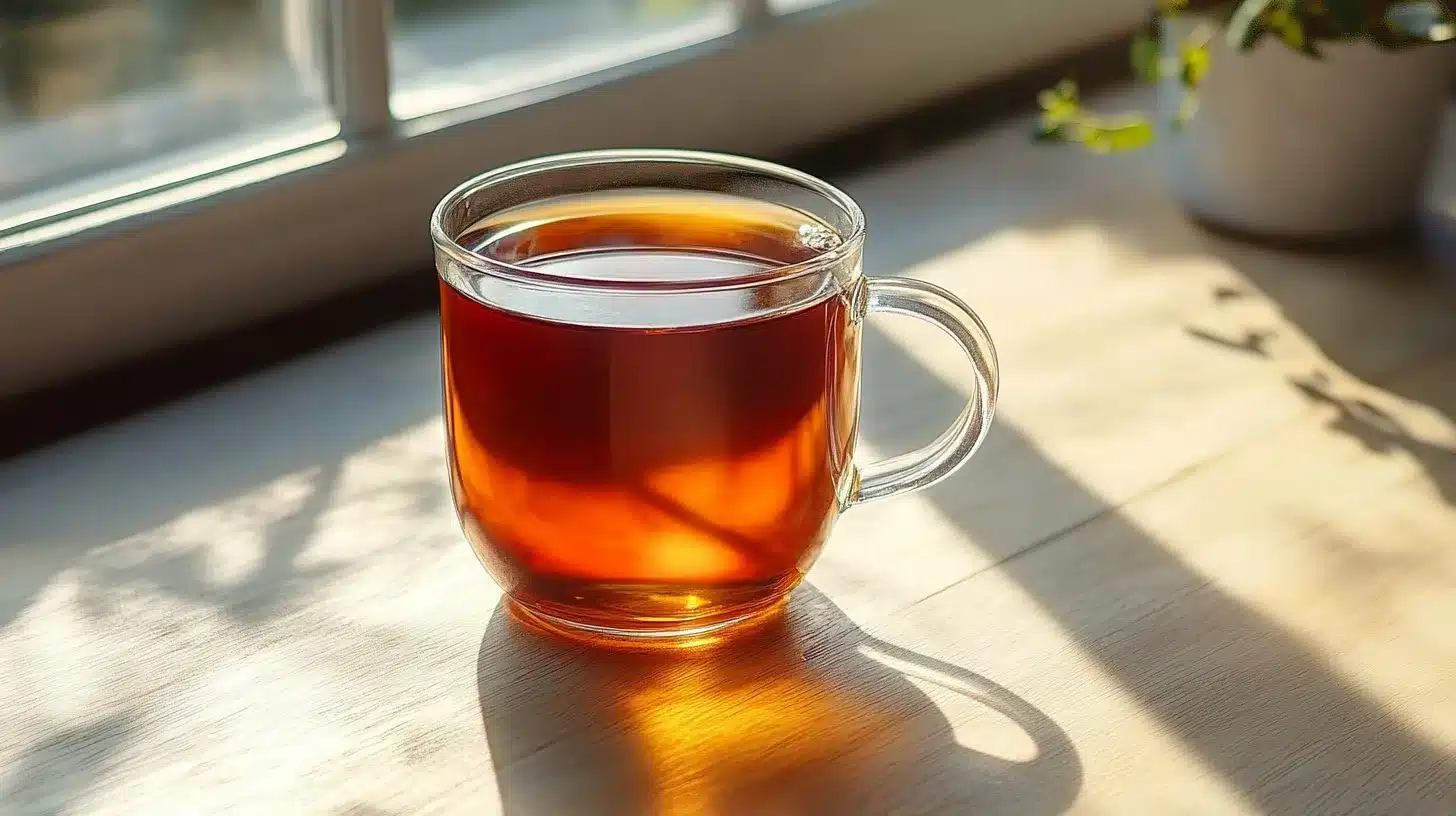 Does English Breakfast Tea Have Caffeine? Everything You Need to Know 1 A clear glass mug filled with rich, amber-colored English breakfast tea, sitting on a wooden surface bathed in warm sunlight.