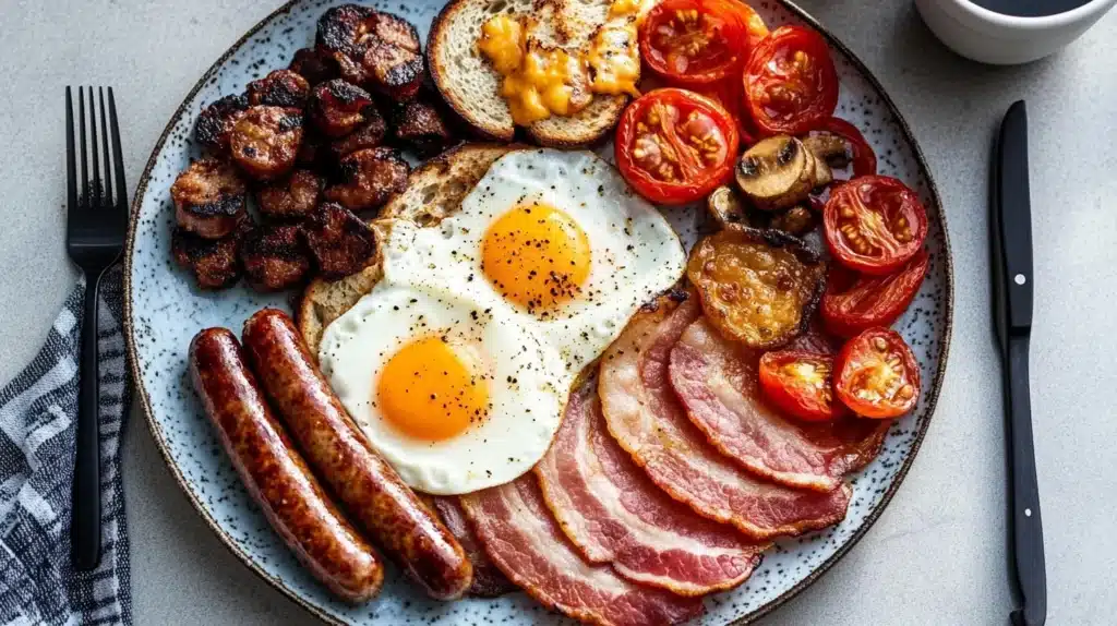 A tempting Full English Breakfast with bacon, sausages, eggs, and beans on a plate