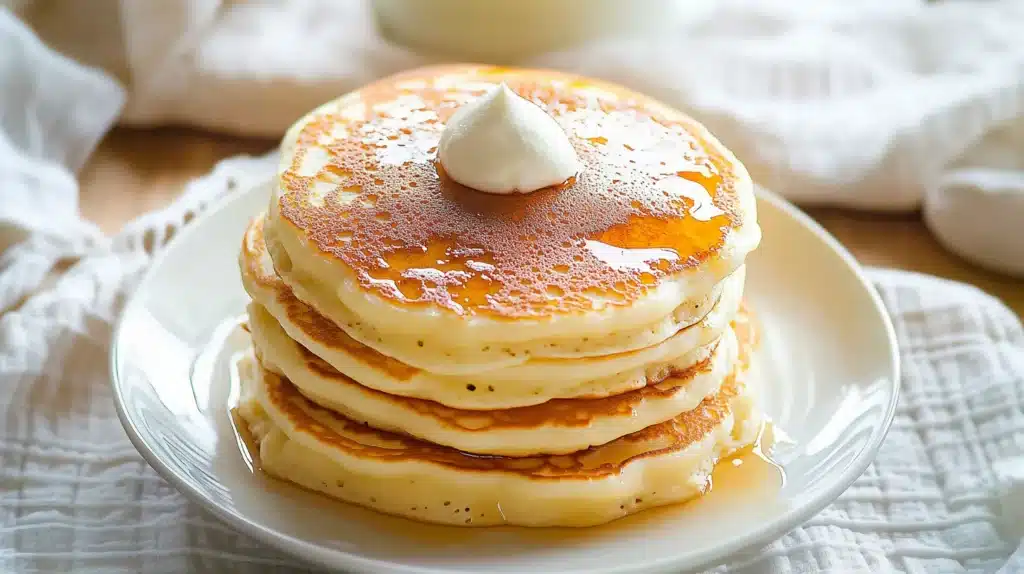 Stack of fluffy pancakes topped with syrup and berries for a perfect breakfast scene.