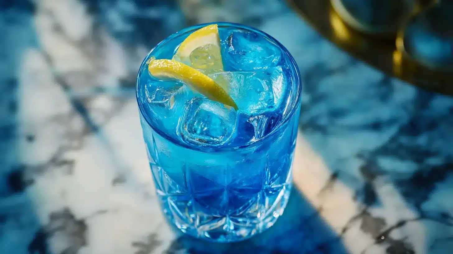 Refreshing Blue Salt Trick drink in a clear glass filled with ice, topped with a twisted lime peel garnish on a wooden skewer