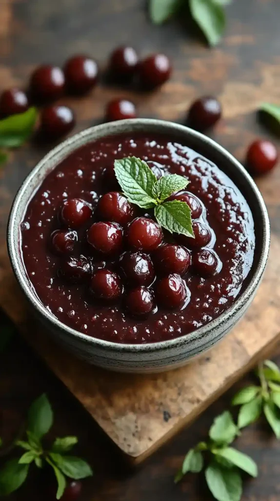 Why Chokecherry Pudding Is the Forgotten Superfood Dessert You’ll Love 4 Close-up of homemade chokecherry pudding topped with fresh berries and mint in a rustic ceramic bowl