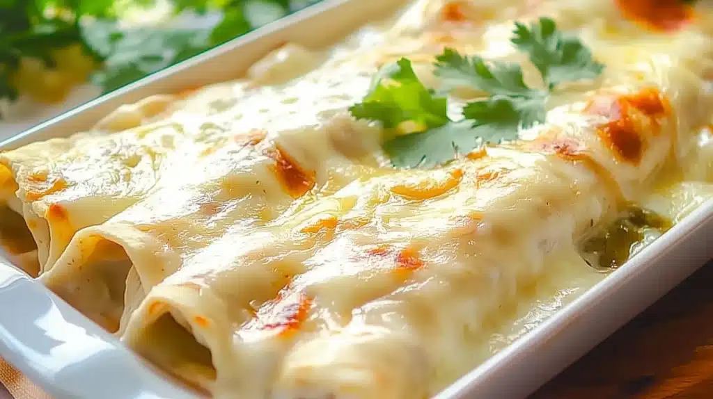 Close-up shot of creamy white chicken enchiladas with melted cheese and fresh cilantro garnish