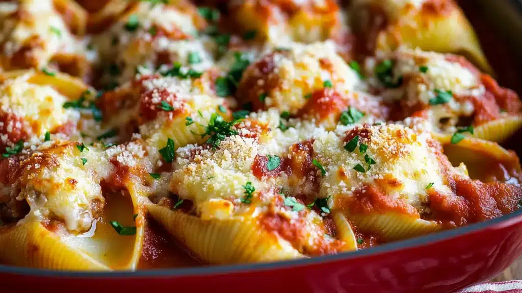 Close-up of cheesy easy stuffed shells in a baking dish with marinara sauce and fresh parsley garnish.
