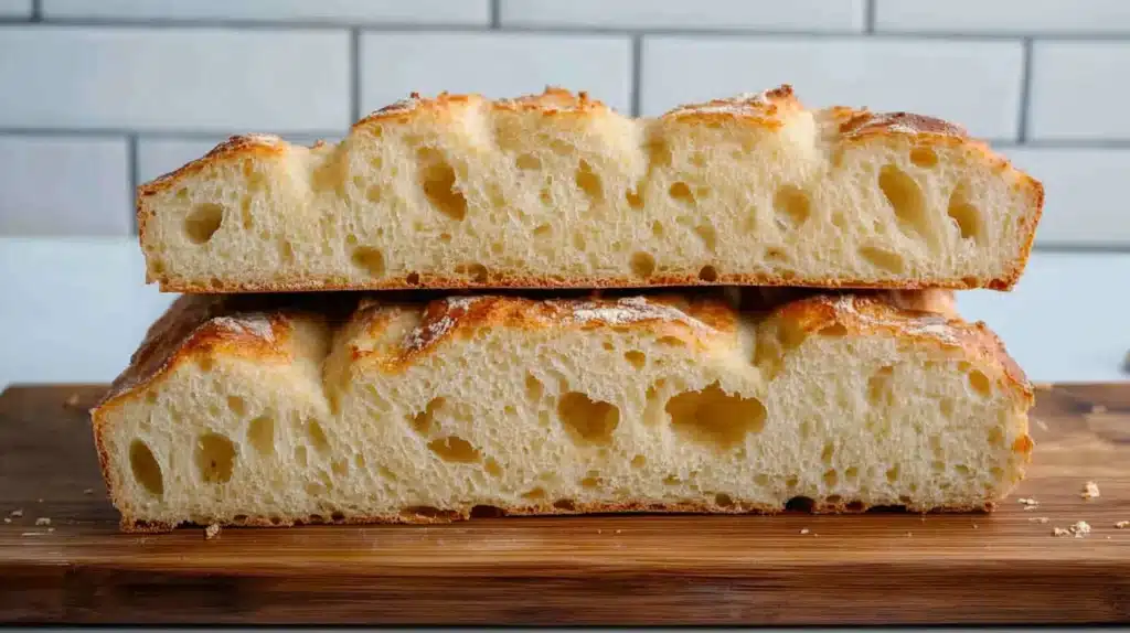 Sliced sourdough discard focaccia bread with a golden crust and airy, open crumb structure.