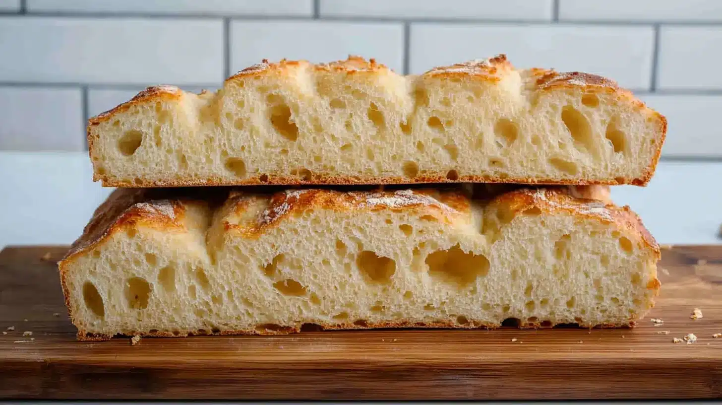 Sliced sourdough discard focaccia bread with a golden crust and airy, open crumb structure.
