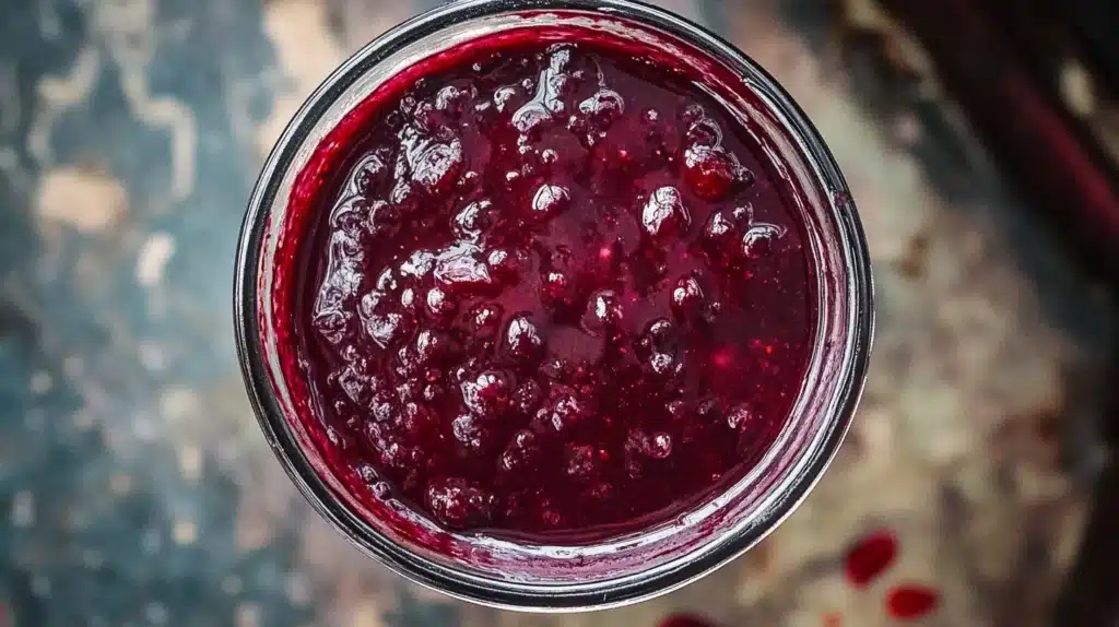 Traditional chokecherry pudding in a glass jar with a rich, glossy texture.