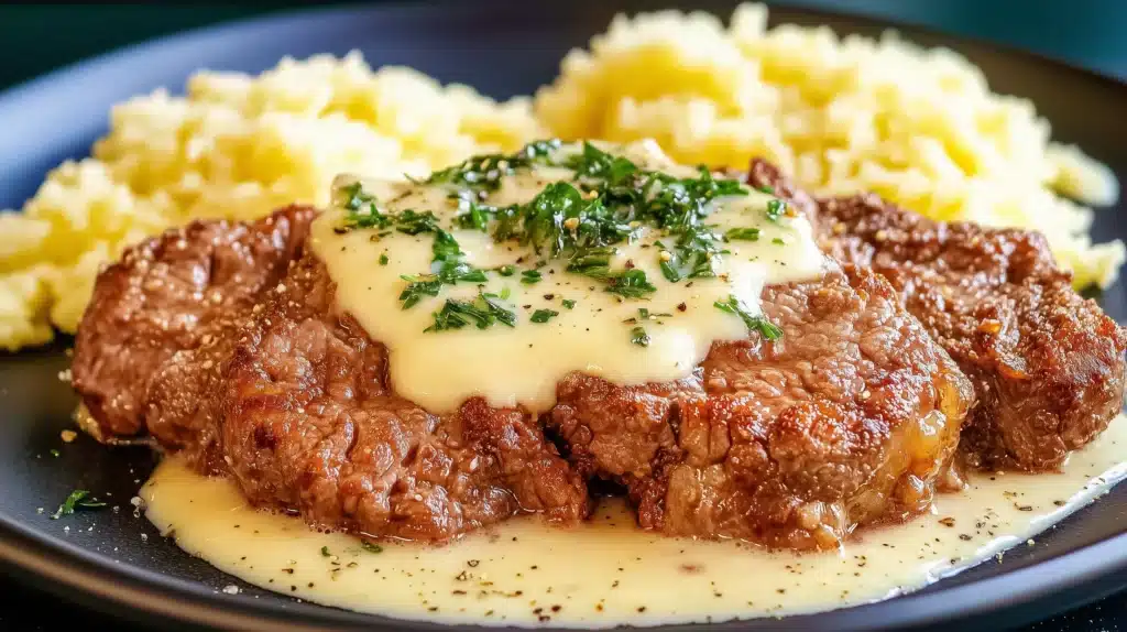 Crispy venison cubed steak smothered in creamy gravy, served with mashed potatoes and sautéed greens 01