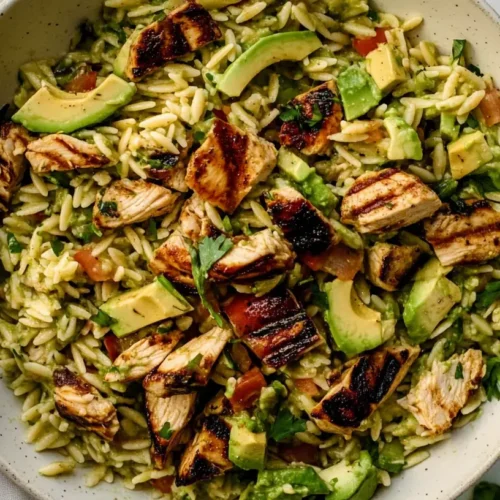 Grilled Chicken Orzo Salad with Avocado.