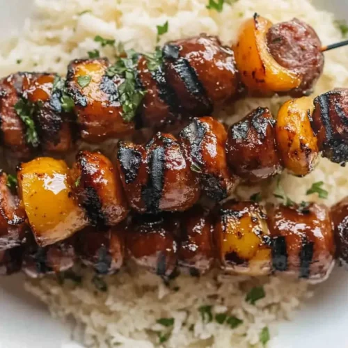 Grilled Hot Honey BBQ Smoked Sausage Skewers.