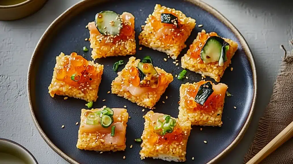Crispy rice squares with sushi-style topping