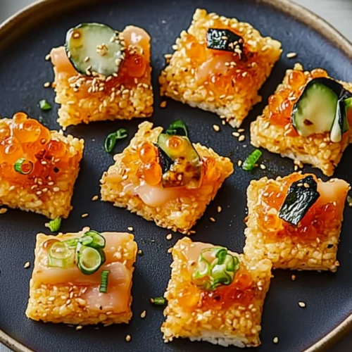 Crispy rice squares with sushi-style topping
