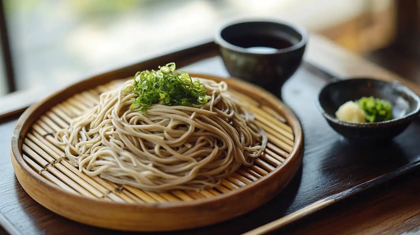 A beautiful bowl of Zaru Soba served on a traditional bamboo tray, with a side of rich dipping sauce and small dishes of chopped scallions and wasabi, bathed in bright natural light.