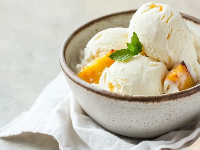 grilled peaches and cream ice cream in bowl