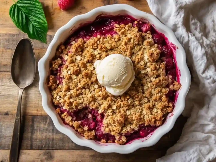 raspberry rhubarb crisp with vanilla ice cream