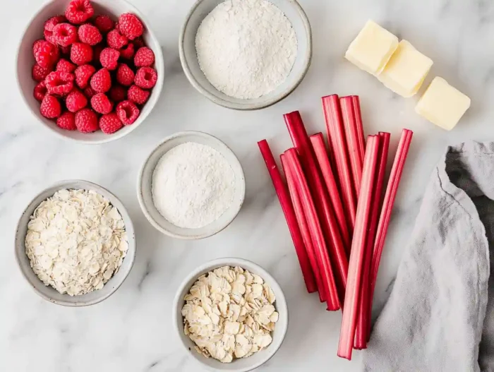 raspberry rhubarb crisp ingredients on counter