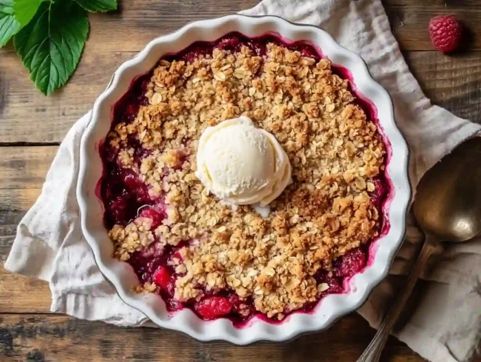 serving of raspberry rhubarb crisp with ice cream