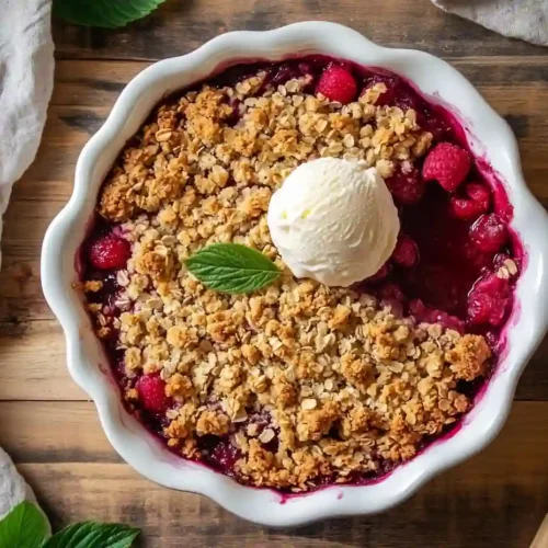 raspberry rhubarb crisp recipe card next to finished dish
